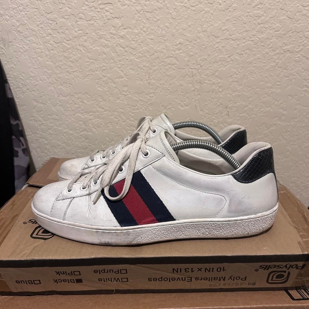 Gucci Ace Classic Web Stripe White Leather Sneakers Shoes Trainers Size 9.5